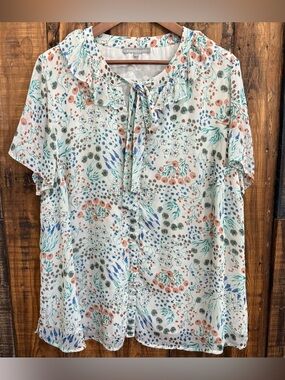 Daniel Rainn Women 2X Floral Tie Neck Ruffle Blouse Sheer Boho Top Flowy Peasant